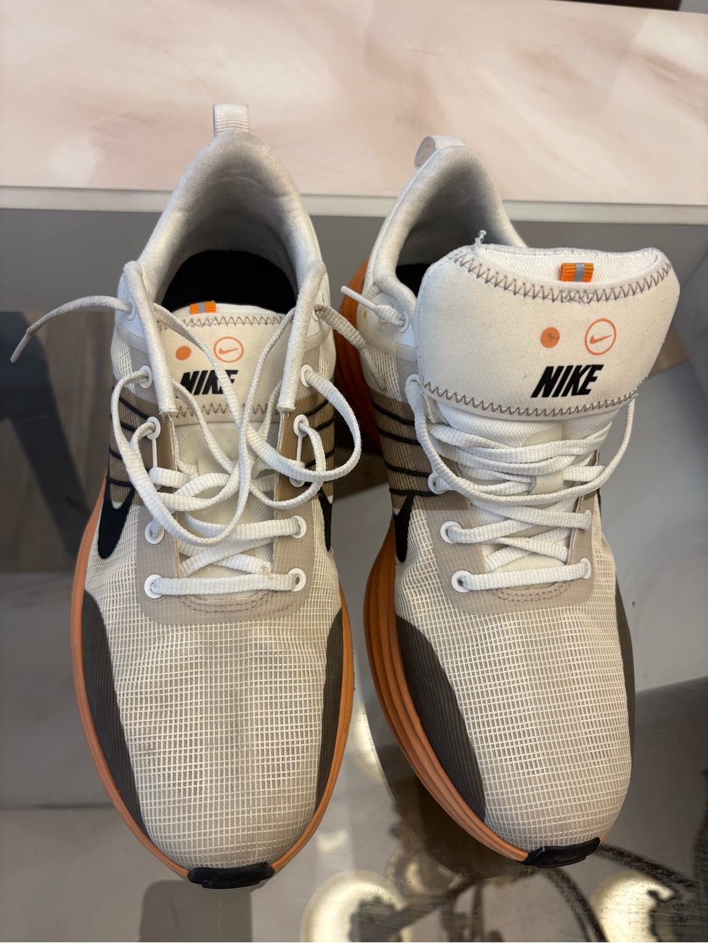 Nike Men’s White, Tan & Black Athletic Sneakers With Orange Accents